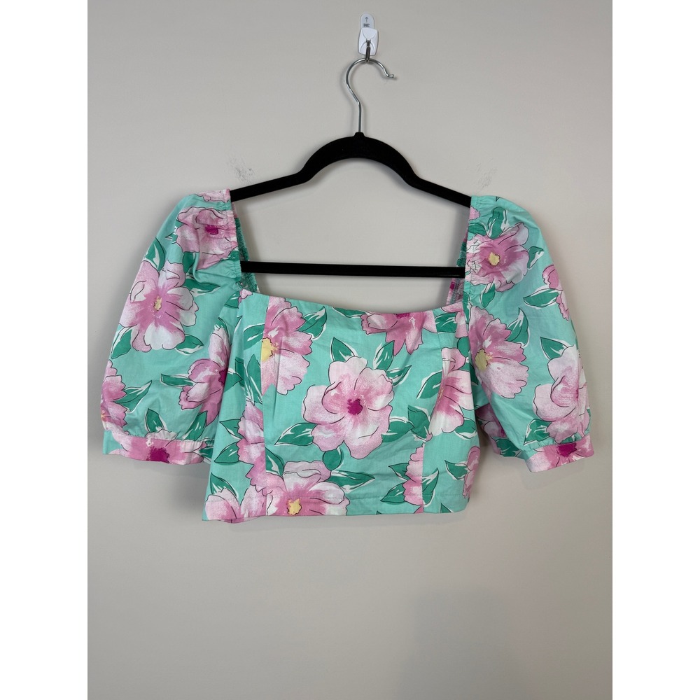 GB Crop Top Women L Pink Green Floral Puff Sleeve Smocked Back Cotton NEW